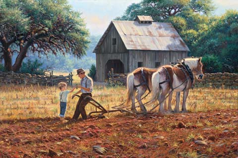 Recognizing how hard his Father is working the fields to provide food for the family and community, the little boy wants to do his part and bring Daddy a drink of cool water. The horses wait patiently for the command to pull the plow through he rocky soil. In a world of turbulence and unrest. Mark Keathley gently reminds us of the beauty and peace available in this life.
