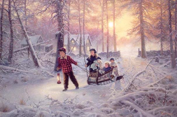 Listen to the crunch of the snow and the sound of happy voices as the children are headed to visit Grandma's house. Over the river and Through the Woods a chilly trip on the fresh snow. This is an adventure to enjoy, but it will pale in comparison to the warmth of love and the taste of treats that awaits them at the end of the wooded lane.