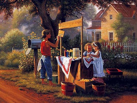 There are a few things that just go with summer, and a cool glass of lemonade is one of the best. The neighbors will be busy with their chores, and there is sure to be a big demand for the ice cold treat that is being prepared. Mom has set them up with the supplies, and brother has constructed their store. The locusts will soon begin to sing their summer song. The day will surely be a hot one. And there will be a lot of hot, thirsty folks going by all day. These youngsters will be here to serve them and meet the need of the moment.