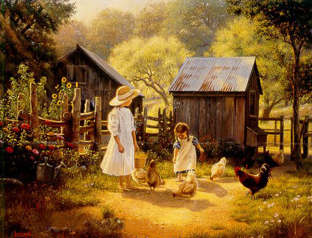 Remember those days when the family still got together for a big Sunday lunch at Grandma's. She's prepared all week for another day to sit, and laugh, and share their lives together. Those times were adventurous, those days were worth living, those moments are remembered. From eating tangerines to gathering eggs, or just enjoying the sunshine, it was always fulfilled and carefree. Every moment was enjoyed, and every memory held dear. From the stories of the artist's wife comes Weekend at Grandma's. 